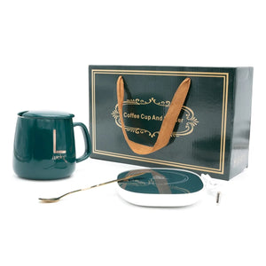 Taza Mug Cerámico con Base eléctrica Calentadora y Cuchara – Verde