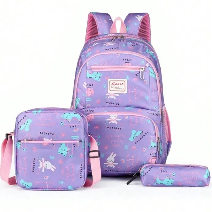 Morral juvenil trío cartuchera y lonchera 46 cm alto Lila