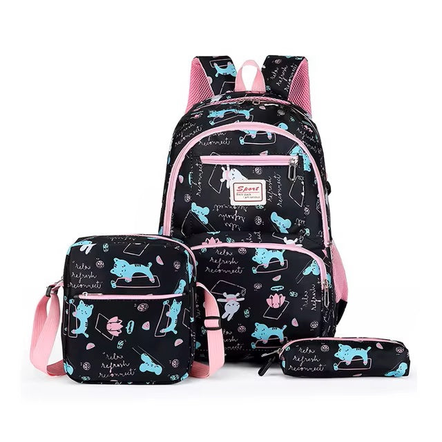 Morral juvenil trío cartuchera y lonchera 46 cm alto negro