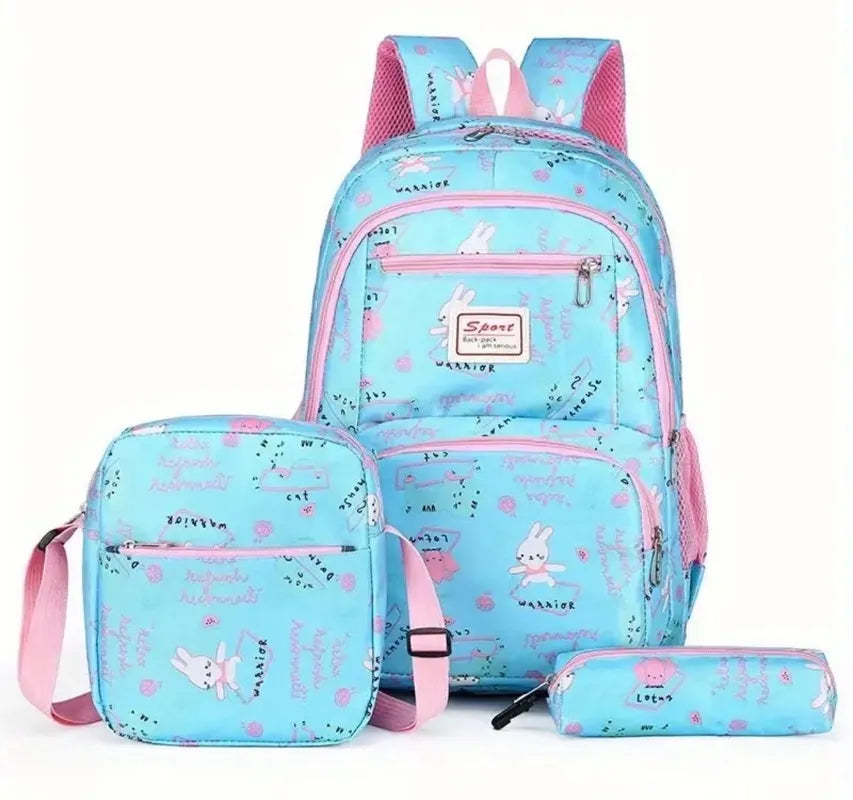 Morral juvenil trío cartuchera y lonchera 46 cm alto azul claro