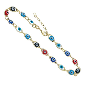 Tobillera oro laminado 18K ojos turcos multicolor 6mm Ref: 54069
