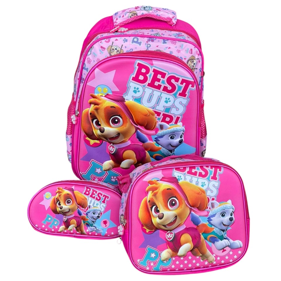 Morral escolar infantíl mediano trío personajes para niños Best Pups fucsia