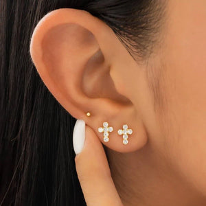 Aretes topos oro laminado 18K Cruz 6 circonias 8mm Ref 34041