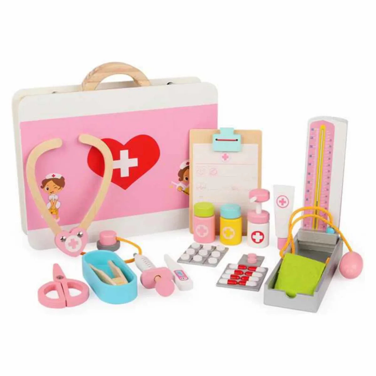 Maletín con accesorios medicos de madera