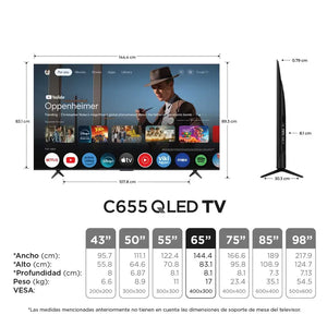 Televisor TCL 65" Pulgadas 165cm 65 C655 Advanced 4K-UHD QLED Smart TV Google