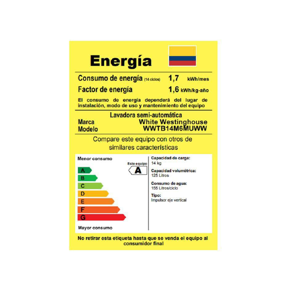 Lavadora Doble Tina 14 Kg Semiautomática White WestingHouse WWTB14M6MUWW Blanca